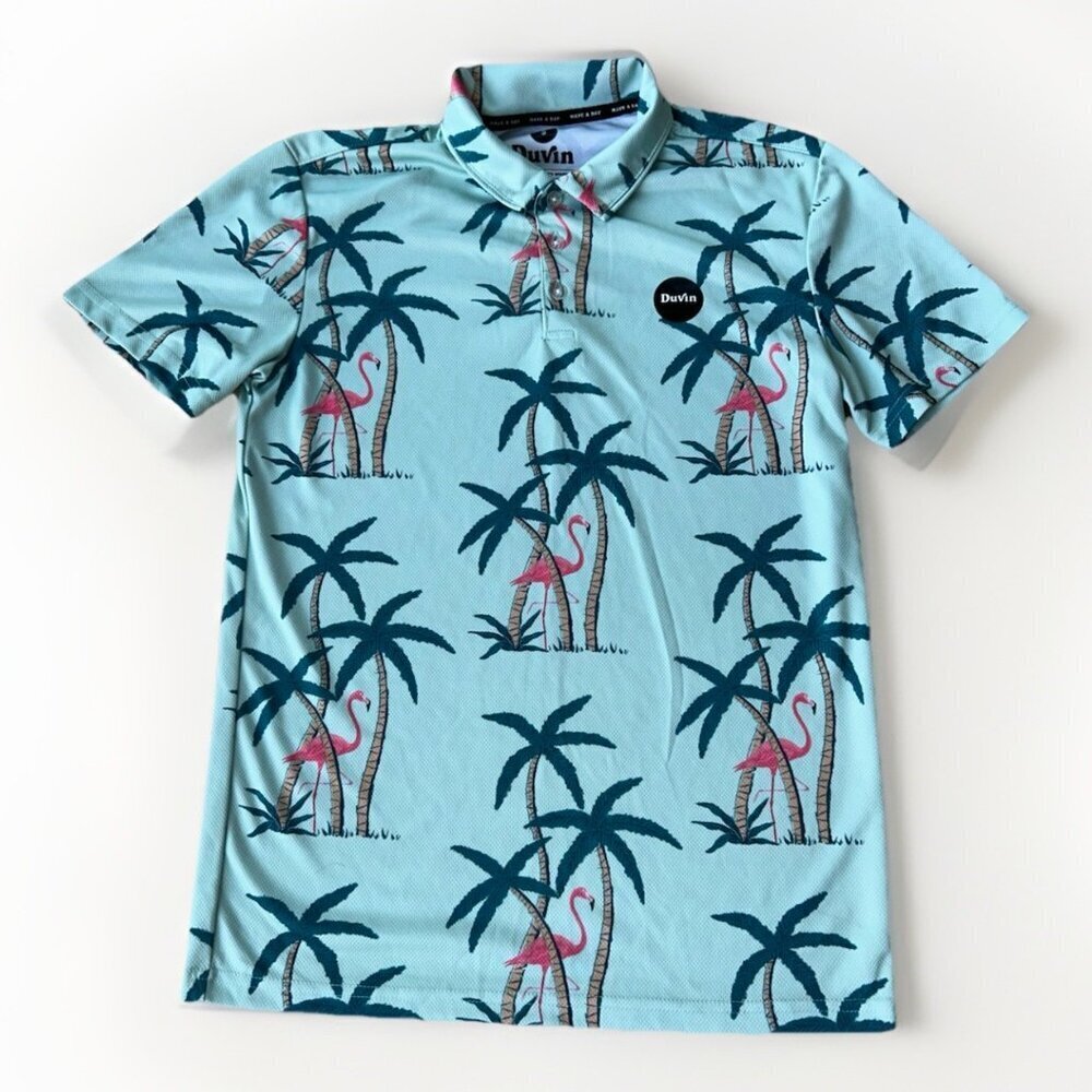Duvin Polo Shirt Mens Small Green Pink Flamingo Tropical Print Performance Golf